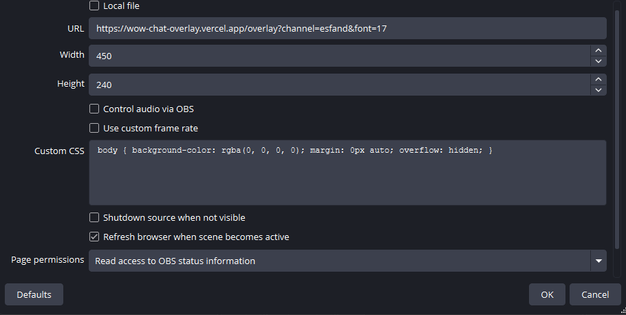 The OBS browser source properties window, with the URL, Width and Height fields filled in.